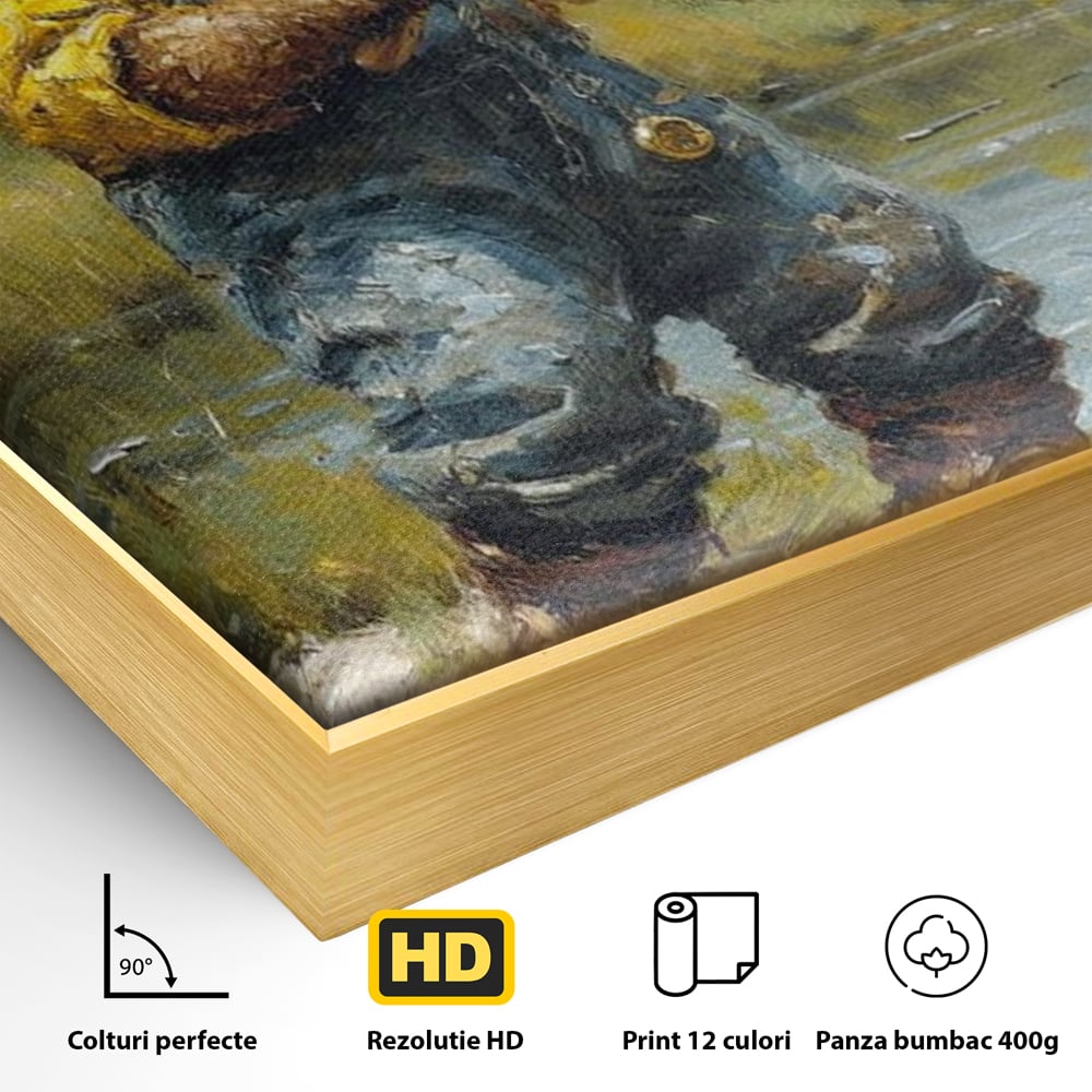 Detaliu al suprafetei: tablou canvas cu urs pescar, in rama de aluminiu auriu